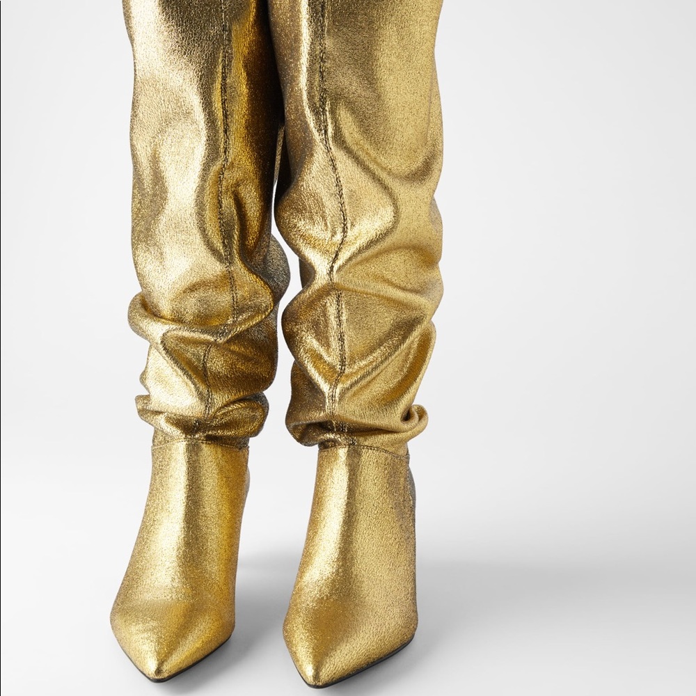 Zara Metallic Gold Slouchy Knee-High Heeled Boots